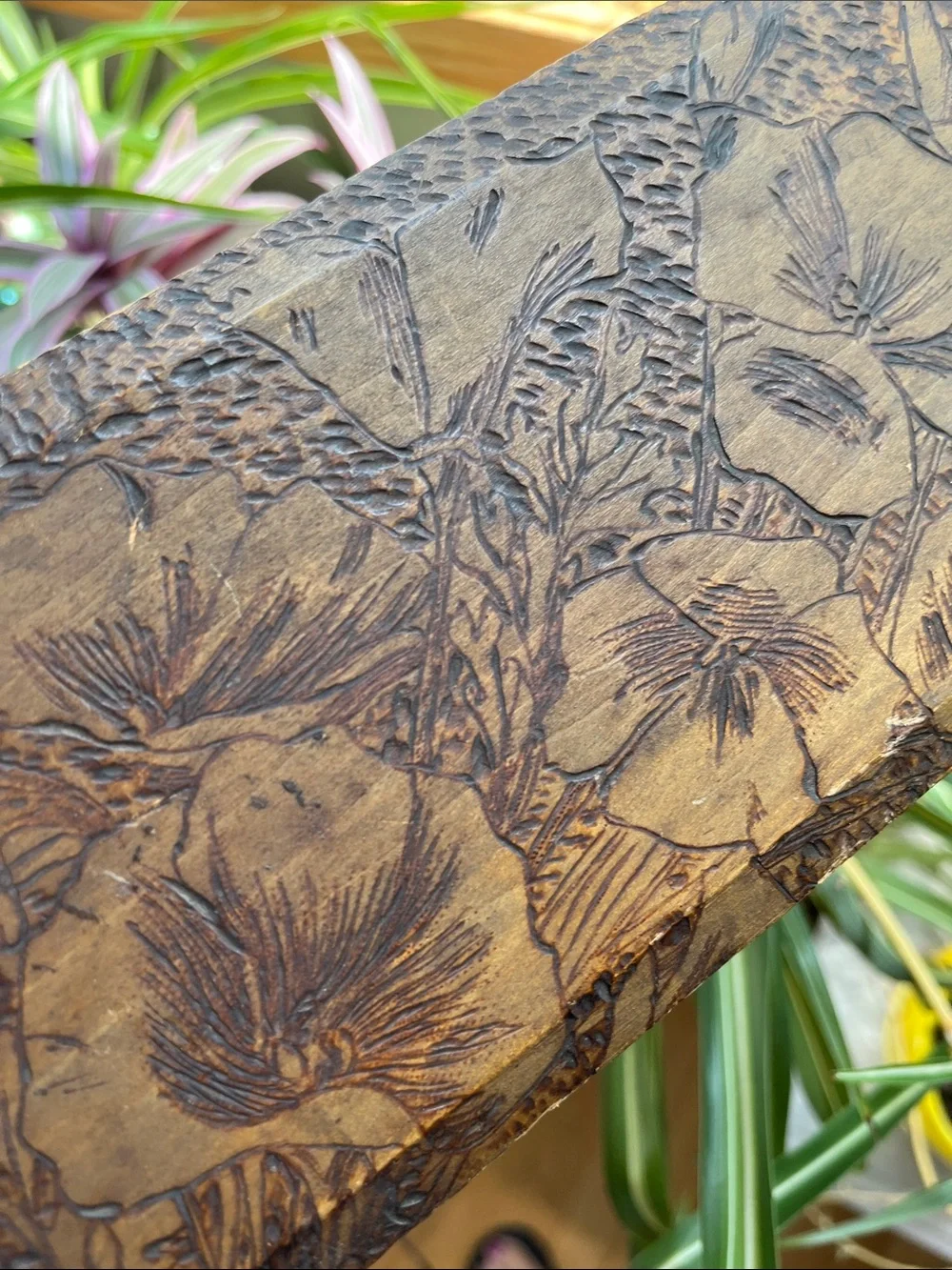 Vtg Pyrography Wooden Glove Jewelry Dresser Trinket Box Poppies Floral Design